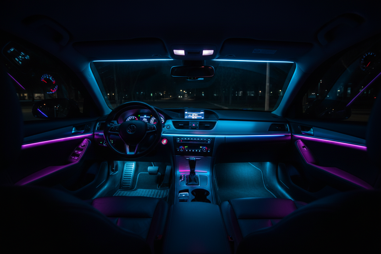 genera otra donde se vea mejor las luces led en oscuridad en el interior del coche