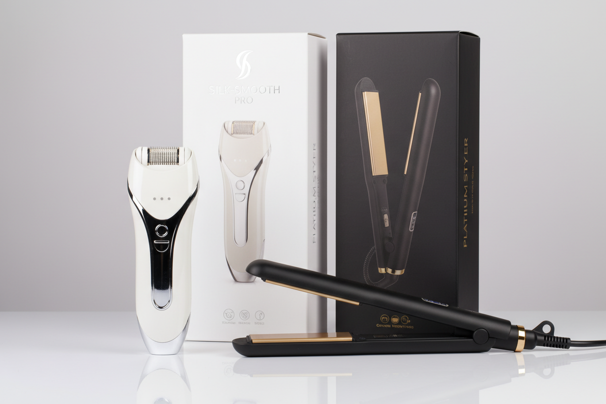 haz una imagen de una depiladora y una plancha del pelo con calidad y sus cajas